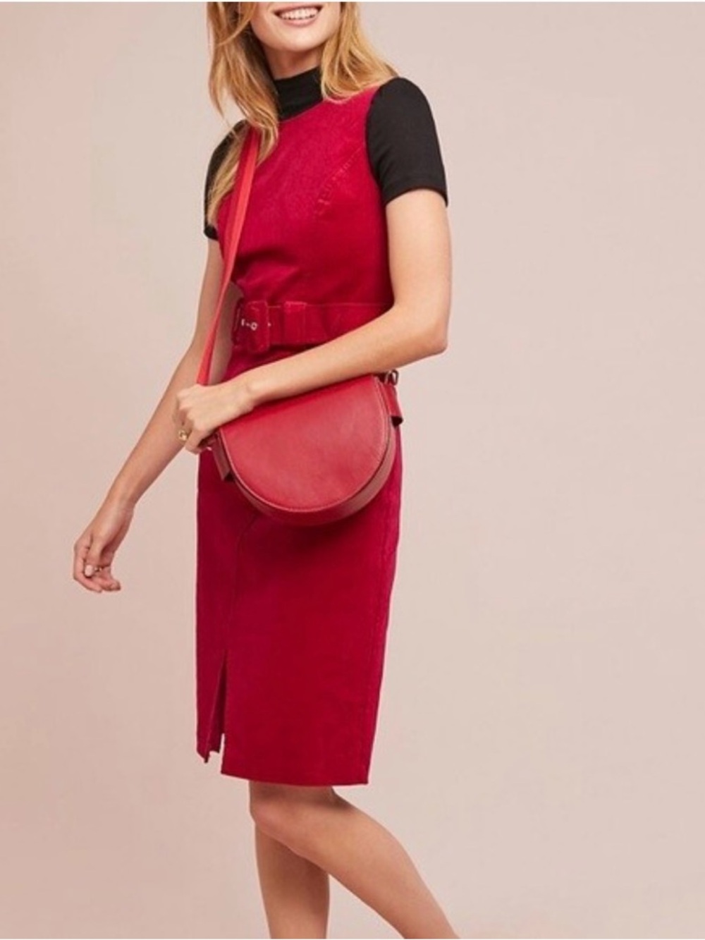 Adria Moss Anthropologie Sleeveless Magenta Pink Red Belted Sheath Dress